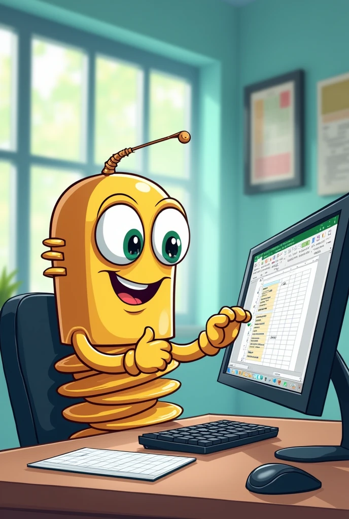 a cartoon style screw plug, with eyes, gura, arms, using the computer in the excel program