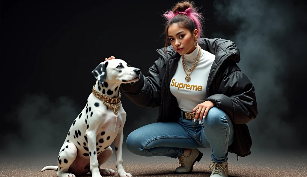 beautiful tanned japanese woman, wearing a designer fur puffer crop dalmatian print jacket , and white turtle neck t-shirt underneath the coat, write "SUPREME" with glitter on t-shirt, (t-shirt tucked in) (t-shirt underneath pants) tucked in the t-shirt inside underneath jeans pants, chain necklace, diamond rings, hoop earring, big diamond buckle leather belt, thick eyebrows, photorealistic, masterpiece, moncler, messy bun pink highlighted hair, open the jacket, lips pouting, pouts, void black background with smokes, glitters and particles and nice lighting, UHD, HDR, 8k, Masterpiece, beside her a big dalmatian puppy wearing gold collar, squatting on glittery floor, rap pose, squat pose, petting dog's head, eyes looking at camera.