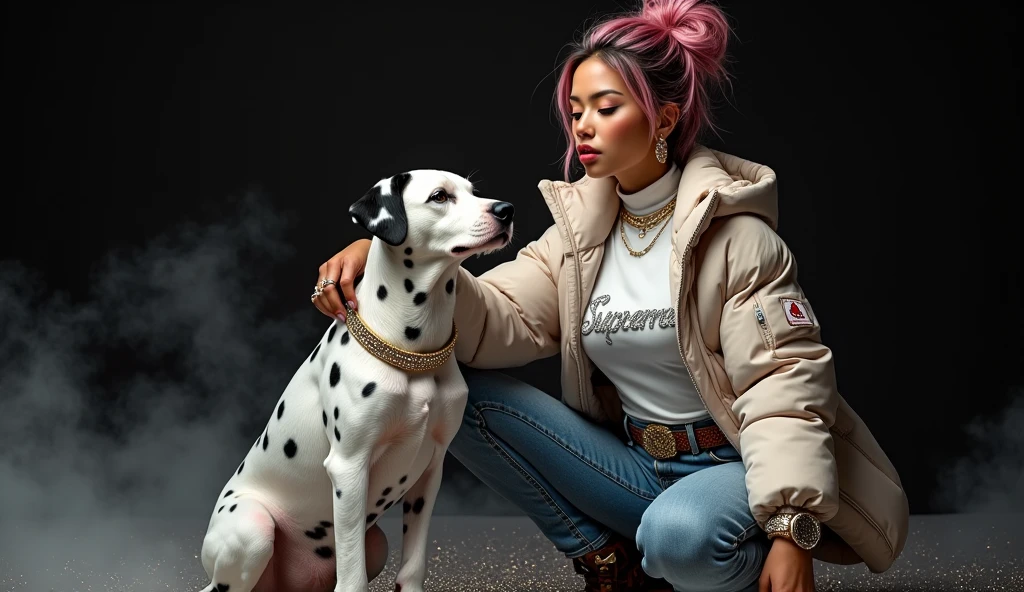 beautiful tanned japanese woman, wearing a designer fur puffer crop dalmatian print jacket , and white turtle neck t-shirt underneath the coat, write "SUPREME" with glitter on t-shirt, (t-shirt tucked in) (t-shirt underneath pants) tucked in the t-shirt inside underneath jeans pants, chain necklace, diamond rings, hoop earring, big diamond buckle leather belt, thick eyebrows, photorealistic, masterpiece, moncler, messy bun pink highlighted hair, open the jacket, lips pouting, pouts, void black background with smokes, glitters and particles and nice lighting, UHD, HDR, 8k, Masterpiece, beside her a big dalmatian puppy wearing gold collar, squatting on glittery floor, rap pose, squat pose, petting dog's head, eyes looking at camera.