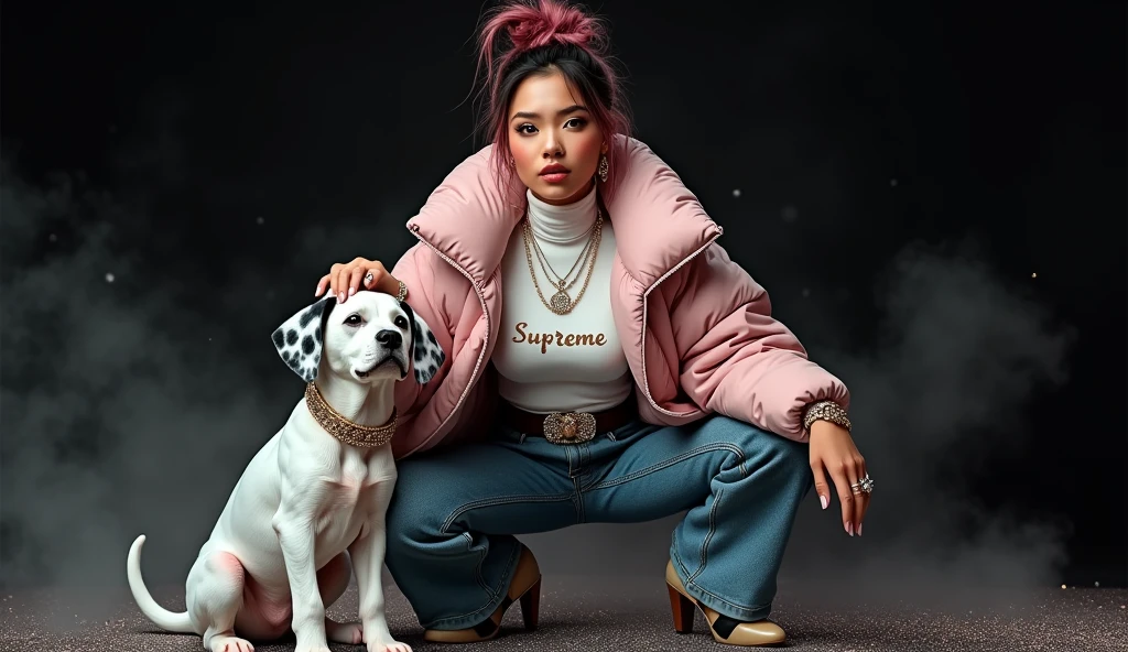 beautiful tanned japanese woman, wearing a designer fur puffer crop dalmatian print jacket , and white turtle neck t-shirt underneath the coat, write "SUPREME" with glitter on t-shirt, (t-shirt tucked in) (t-shirt underneath pants) tucked in the t-shirt inside underneath jeans pants, chain necklace, diamond rings, hoop earring, big diamond buckle leather belt, thick eyebrows, photorealistic, masterpiece, moncler, messy bun pink highlighted hair, open the jacket, lips pouting, pouts, void black background with smokes, glitters and particles and nice lighting, UHD, HDR, 8k, Masterpiece, beside her a big dalmatian puppy wearing gold collar, squatting on glittery floor, rap pose, squat pose, petting dog's head, eyes looking at camera.