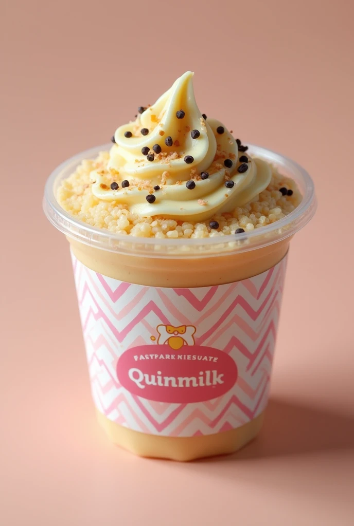 MY PRODUCT IS A DESSERT CALLED RICE PUDDING BUT WE REPLACE THE RICE WITH QUINOA OUR BRAND IS CALLED "QUINMILK" WE ADD TOPINS TO OUR PRODUCT AS DECORATION OF GRATED COCONUT OR CHOCOLATE CHIPS.QUINOA IS A PERUVIAN PRODUCT THAT CONTAINS MANY BENEFITS FOR OUR BODY. My product is in a plastic container Pamolsa Transparent Circular Container 8 oz. On the container is pasted the brand logo that says "QUINMILK" in a circular manner but in a zigzag is the logo with a white background and pink edges with a pink bow .
