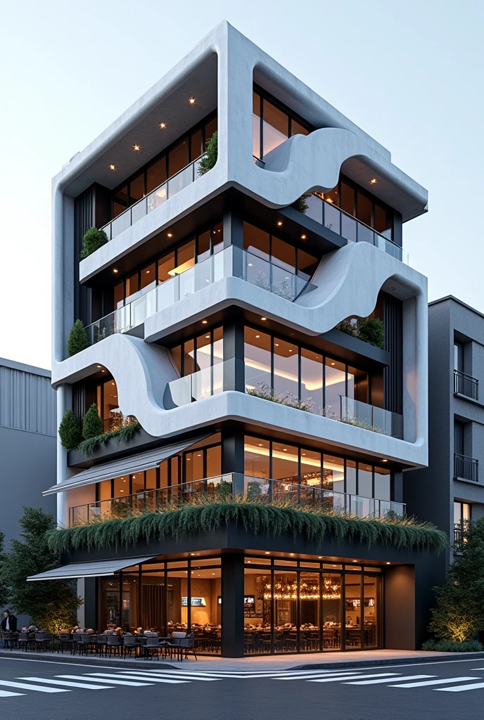 Restuarant facade architecture , exterior view , artistic , masterpiece architecture , archdaily , 4th floors , high quality rendering , postmodern look , postmodernism , white and black material