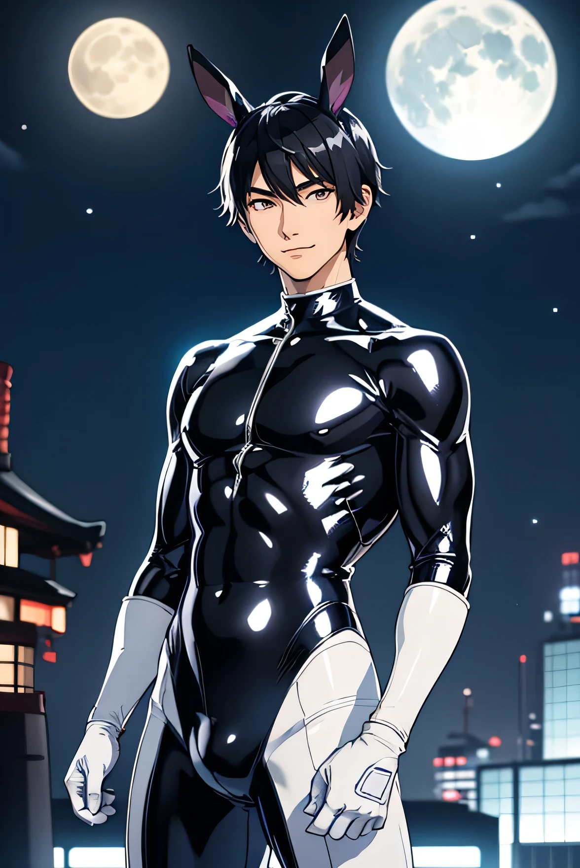 Japanese Handsome model male smile Black Hair Short cut Short hair looking at the camera Shiny full-body silver suit Mega Bulge Shiny silver latex suit looking at the camera future world universe Full moon in the background Upper Body Face close-up Bunny ears