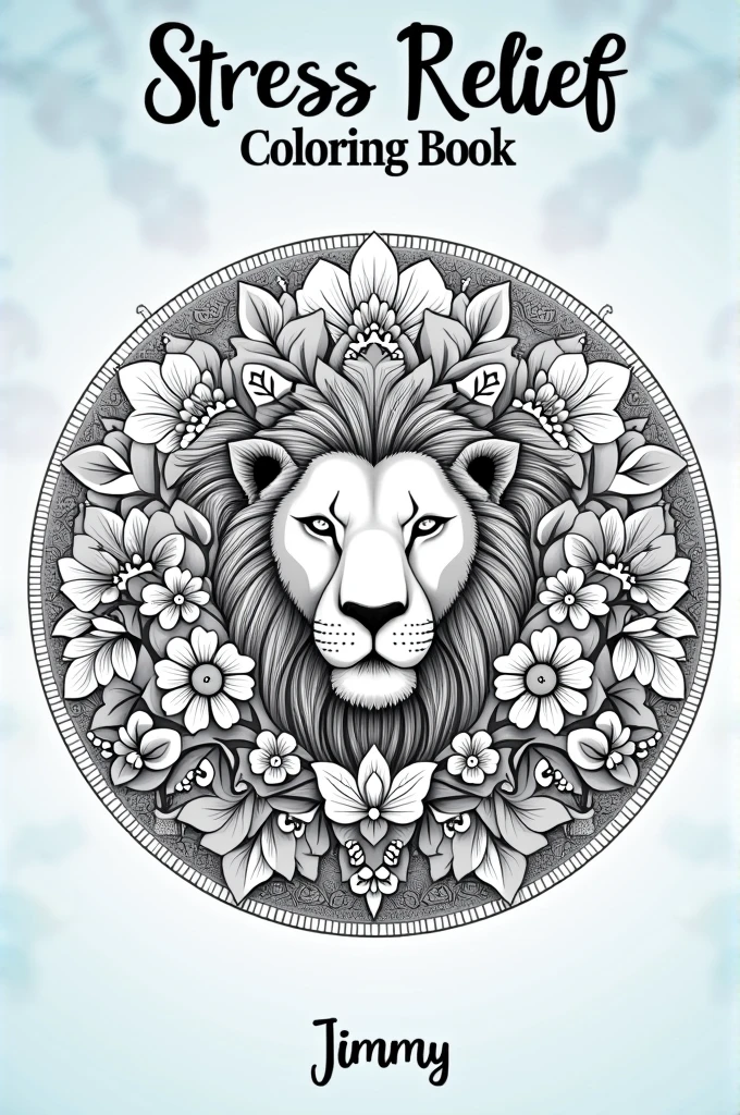 A grayscale mandala with intricate designs of lions, owls, butterflies, elephants, and flowers. The background is a light blue sky.The title "Stress Relief Mandala Coloring Book" is written in white text at the top. The author's name, "Jimmy," is also  written in white text at the bottom. 
