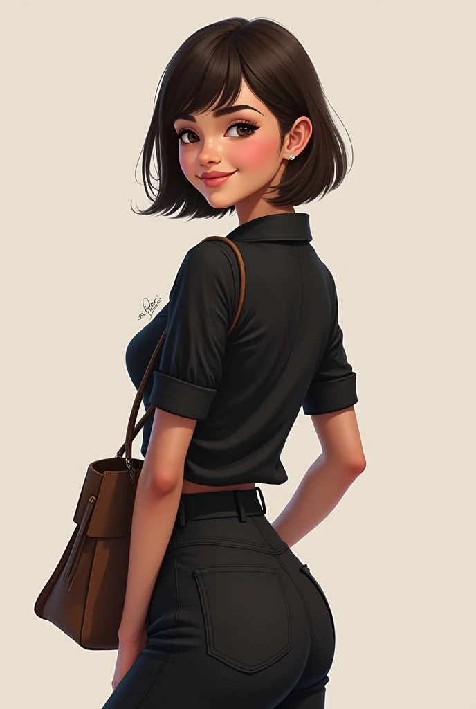 A girl with short, dark brown straight hair, slim, small nose and mouth, brown skin color, She is feminine and has black pants with very nice shoes and a bag., He is smiling, lively