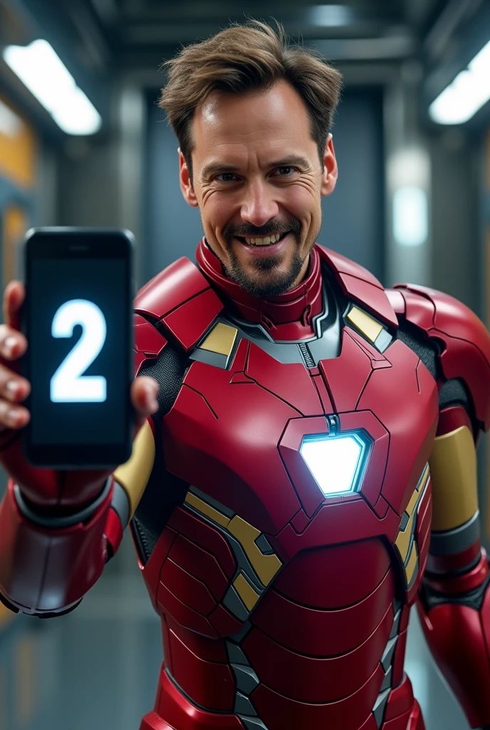 Ironman showing his phone facing us, has an excited expression . The phone has a "2" On the screen.