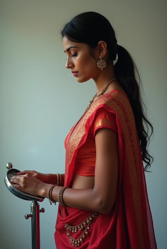 An image of an indian woman trying to become slim standing on a weighing scale 