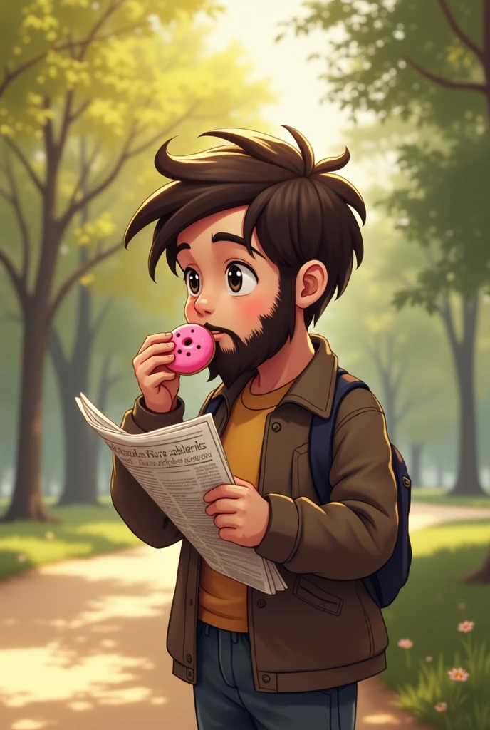 in a sunny park, A is eating a pink cookie. El niño de 6 u 8 años tiene barba and está vestido con ropa de adulto. Although the child is a little towards the back of the scene, His figure stands out clearly. He holds a newspaper in one hand while enjoying his cookie. La imagen utiliza una paleta de colores que contrasta and se complementa con los tonos #ecba58, #935038, #f1d0a6, #0b2d7e, #eaba08, #ef668b, and #e3c2c9 creando una atmósfera nostálgica and armoniosa.