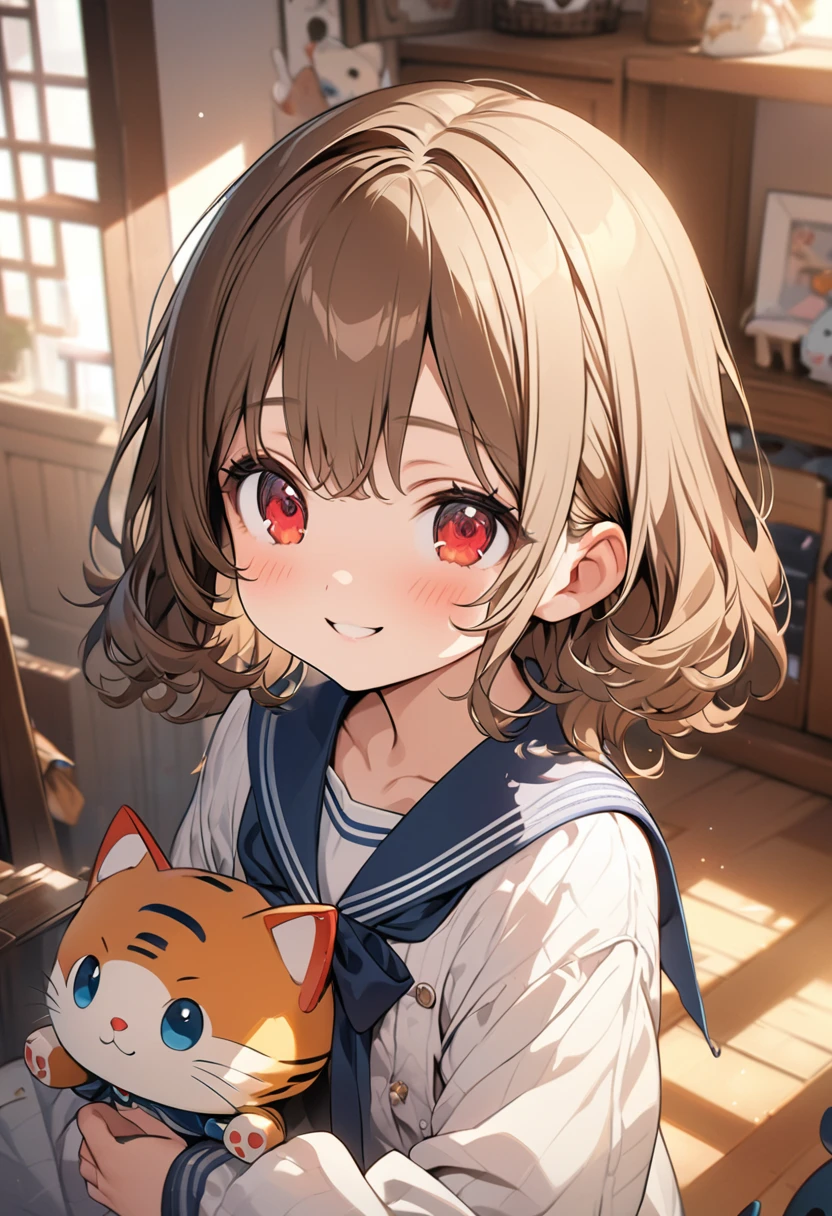 Official art style, close-up of a cute girl with long brown hair and red eyes, smiling warmly. She is wearing an adorable sailor dress. The girl is in a cozy room, holding a blue, earless cat-shaped robot doll closely.
best quality,masterpiece,natural lighting,super fine illustration,high resolution,(flat chest:1),amazing,kawaii,cute,cutegirl,detailed face,detailed eyes,8k,utra detailed,detailed,