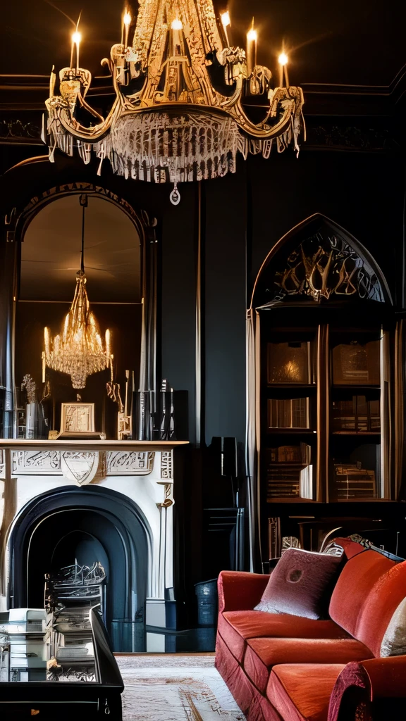Gothic architecture, living room, black, dark atmosphere, cross, chandelier, antique, fireplace, bookshelf, sofa, table, curtains