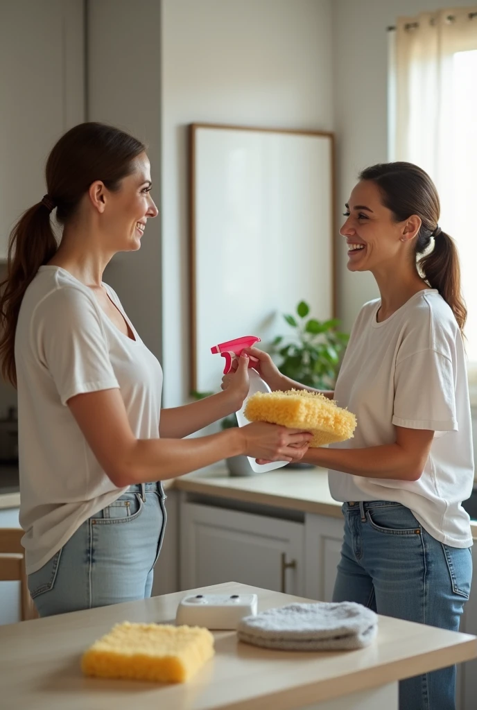 Two women handing each other cleaning supplies