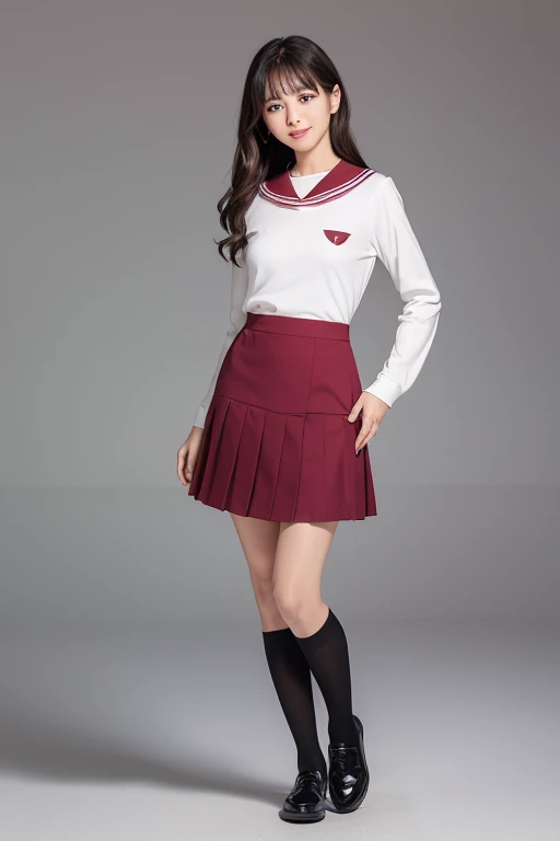 ((Full body portrait:1.5))
gender: Female
Age:
height: 158cm
Body type: Thin and slender skin tone: Bright pink hair color: Black hair length: Chest-long hair: Straight hair
Bangs: Blunt, long eyes, face shape: Oval forehead width: Medium eyebrow shape: Thin, slightly arched eyebrows: Eye pupil shape: big、Slightly rounded eye color: Dark brown eyelash length: Long and Curly Eyelashes: Black
Nose shape: smallて上向き
鼻の高さ: Low mouth shape: small、Beautiful lip line and lip color: Pink
歯: smallて整った白い歯
顎の形: Sharp ear shape: small、Slightly rounded earlobe: smallてthin
ホクロ: Outer line of left eye5cmSmall mole under face: Fluffy cheek skin texture: Shiny, smooth skin condition: Natural no-makeup look: Smiling and bright eyes: bigぱっちり開いている
頬の赤み: Natural cheek effect Jaw line: Sharp and small chin
Pupil sparkle: Sparkling cheek lines: Soft and round neck: thin、Delicate hand size: small、Long fingernail shape: small丸い
爪の色: Natural Breast Size:Very large arm size: thin
Leg length: heightに対してやや長め
脚の太さ: thinて引き締まっている
肩の幅: Slightly narrow clavicle: Visible waistline: thinてなだらか
姿勢: Run with your back straight: A light and rhythmic face angle: Sailor uniform front features Sailor uniform colors: White ribbon color: Bright red ribbon bow shape: The size of the ribbon tied in a simple shape: Small and modest sleeve shape: Short and narrow skirt shape: Pleated skirt
Skirt color: Navy blue
Skirt length: 15cm above the knee, socks color: White
Sock length: Crew socks to below the knee
Shoe color: Black
Shoe shape: Loafers
Tie shape: Wrapped under the sailor collar
Tie color: red skirt fit: Fits perfectly at the waist Number of collar lines: 1Line sailor suit fabric: Cotton and polyester blend. Mr.々Facial expressions and poses.: A shy smile, Gaze direction: Slight right upper hand movement: Brushing hairBody orientation: Front shoulder height: Natural height、Relaxed facial expression details: A smile that exudes kindness