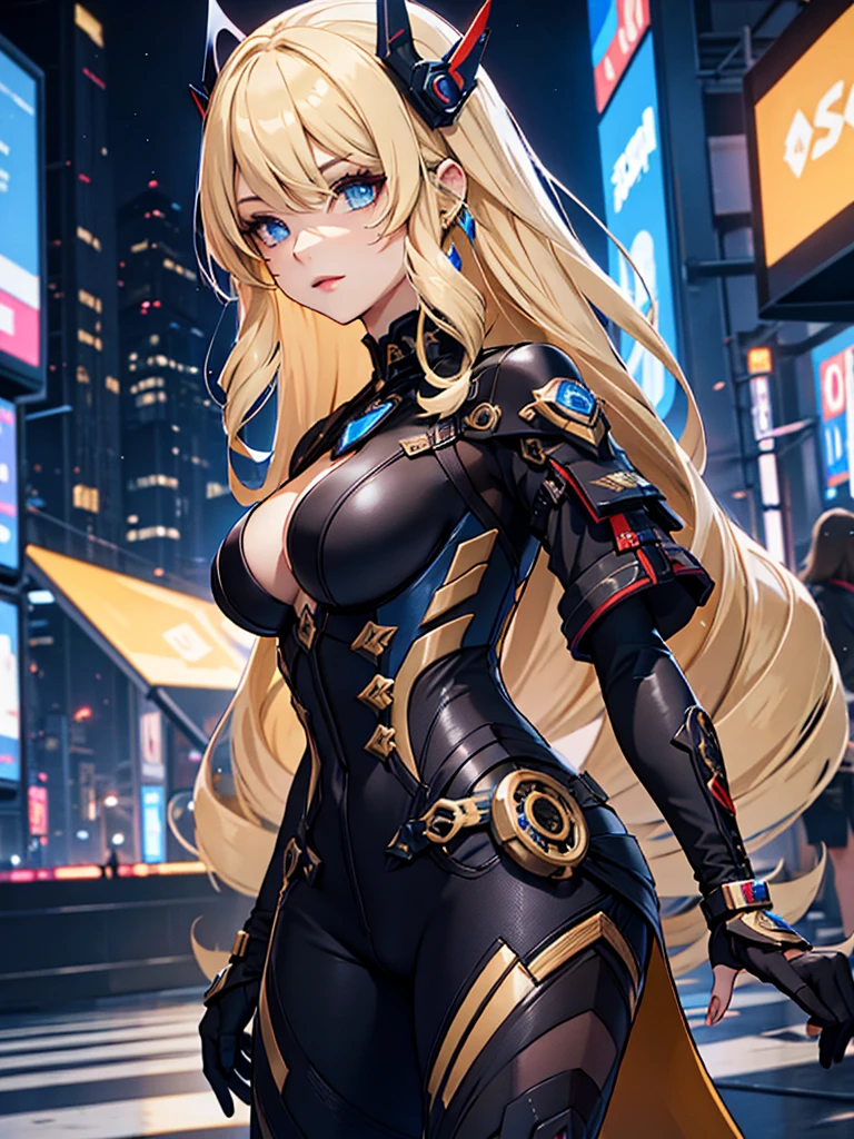 Navia from Genshin impact, 1woman, wearing a futuristic cyberpunk outfit, at future city, blonde colour hair style, 8k, high detailed, high quality