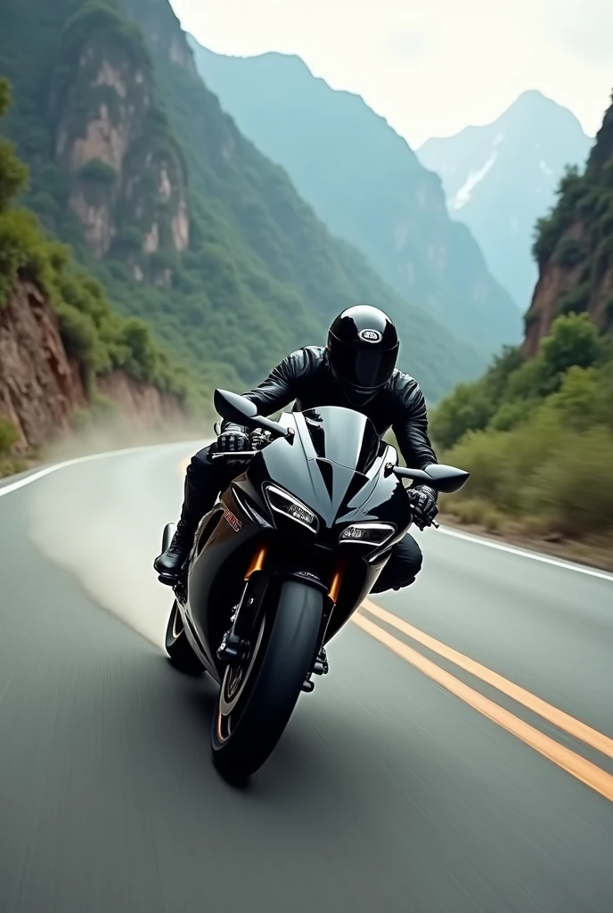 CREATE AN IMAGE OF A MOTORCYCLIST ON A ROAD AT HIGH SPEED. THE IMAGE MUST BE IN THE FORMAT 851 pixels wide by 315 pixels high