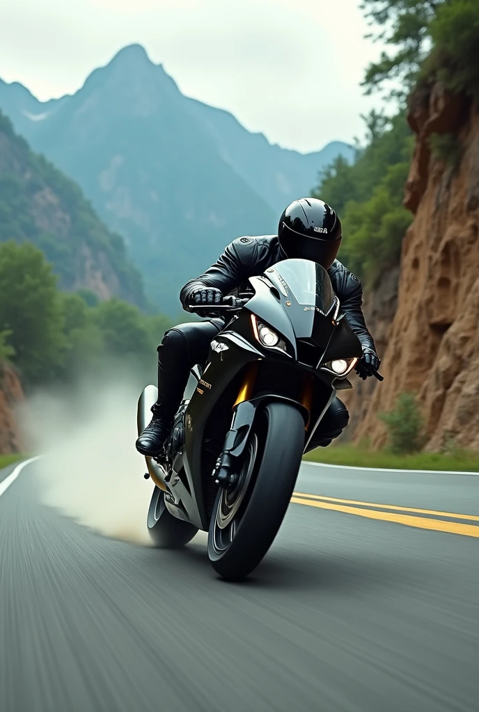 CREATE AN IMAGE OF A MOTORCYCLIST ON A ROAD AT HIGH SPEED. THE IMAGE MUST BE IN THE FORMAT 851 pixels wide by 315 pixels high