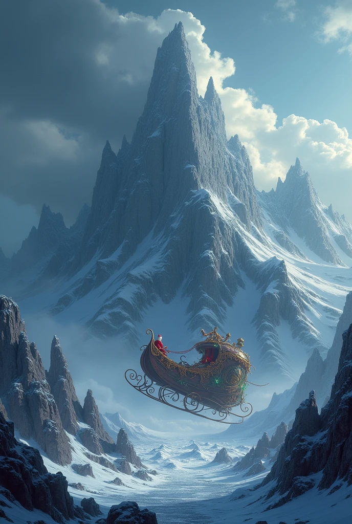 Santa's ship hidden behind a broken mountain