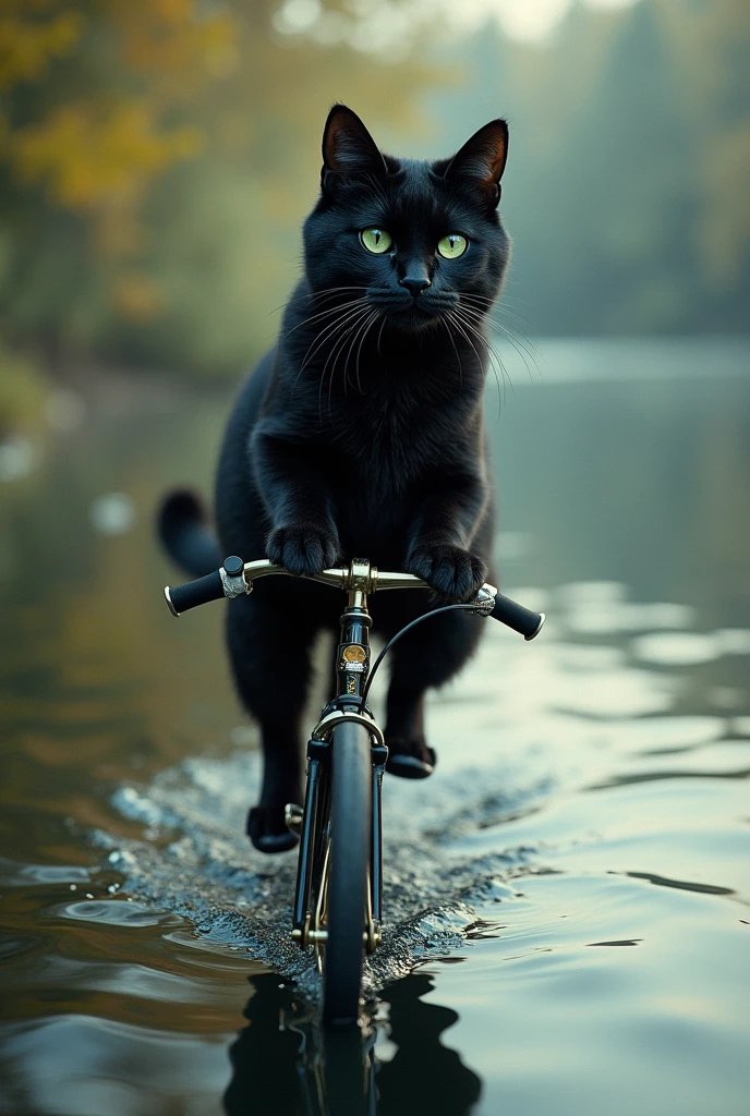 Black cat, bike, in a lake side