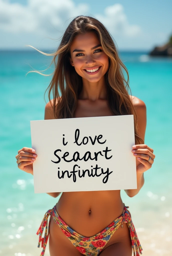 Beautiful girl with wavy long hair, bikni dress
 holding a white board with text "I Love Seaart Infinity" and showing it to the viewer