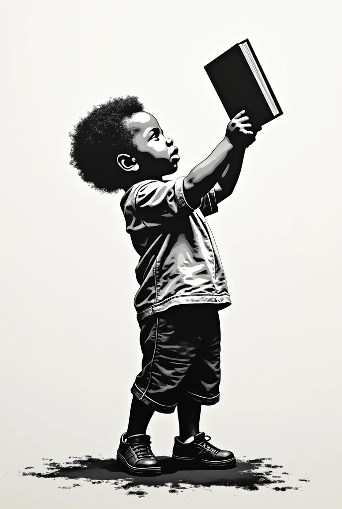 Stencil art of a child holding a book as if he were holding a gun. There are no weapons in the image, only the book. The book must be in only one hand.
