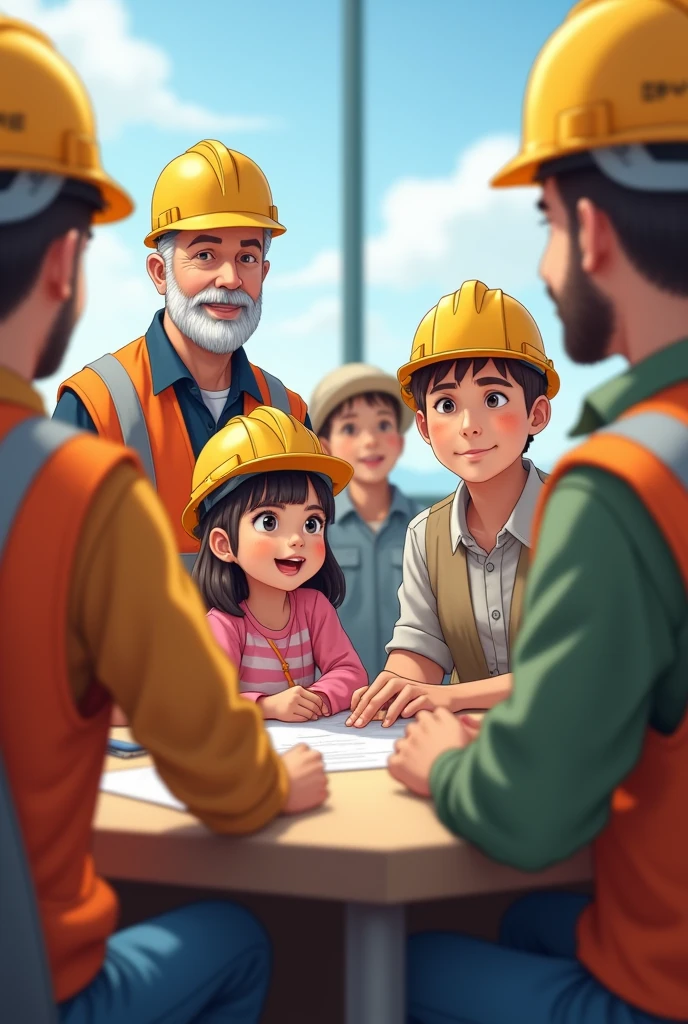 A seven-year-old girl, short hair without bangs and with chocolate hair color,
a grandfather with a short beard and short white hair, without glasses.
A group of children, all seven, eight and nine years old.
everyone talking at a meeting with two adult engineers wearing construction workers' helmets and clothes.
that the girl and the grandfather do not have helmets.