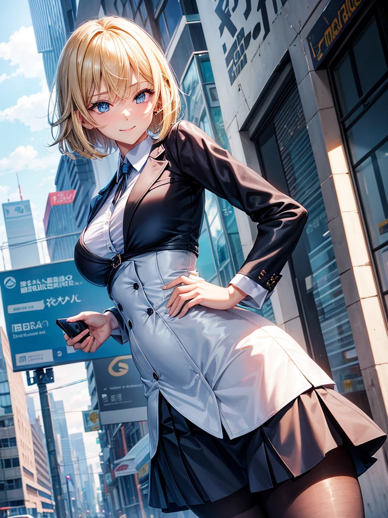 Anime style, super fine illustration, highly detailed, beautiful detailed, perfect detailed, super high quality image, static representation, gentle expression, happy expression, the pretty image, super stylish, 8k, pretty 1girl with blonde straight short hair & blue eyes & a bright smile & full bust & soft fair skin is a career woman supervisor who is not to show her skin wearing big light blue business shirt & black summer tailored jacket & black tight skirt & black pantyhose on the urban business buildings street, in the morning, solo, perfect fingers, no more fingers, no less fingers, perfect arms, no more arms, perfect legs, no more legs, no more hair, masterpiece.