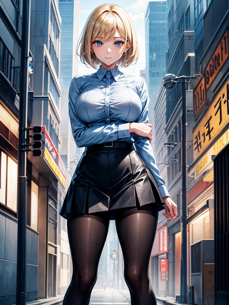 Anime style, super fine illustration, highly detailed, beautiful detailed, perfect detailed, super high quality image, static representation, gentle expression, happy expression, the pretty image, super stylish, 8k, pretty 1girl with blonde straight short hair & blue eyes & a bright smile & full bust & soft fair skin is a career woman supervisor who is not to show her skin wearing big light blue business shirt & black summer tailored jacket & black tight skirt & black pantyhose on the urban business buildings street, in the morning, solo, perfect fingers, no more fingers, no less fingers, perfect arms, no more arms, perfect legs, no more legs, no more hair, masterpiece.