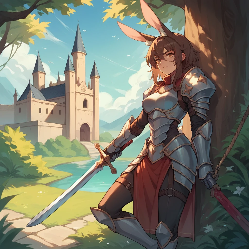 a female bunny kemonomimi in armor. she is outside a castle swing her one-handed sword. she has scar over her right eye, so she can't see out of it. she has brown hair that covers her human ears.