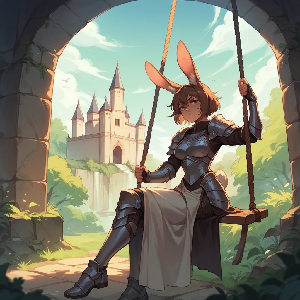 a female bunny kemonomimi in armor. she is outside a castle swing her one-handed sword. she has scar over her right eye, so she can't see out of it. she has brown hair that covers her human ears.