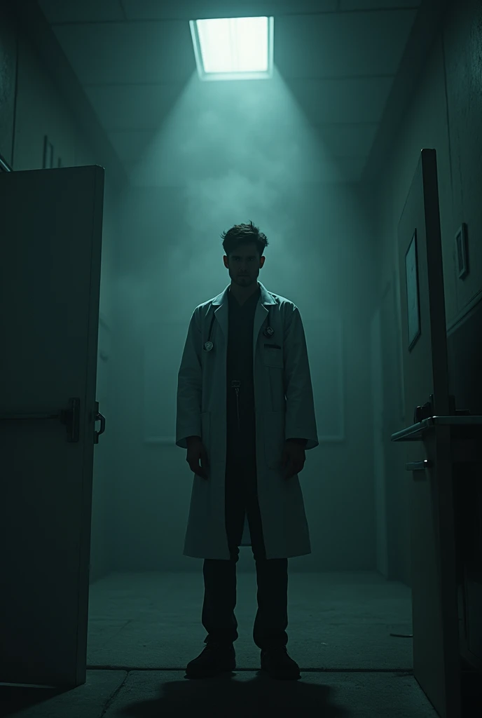 a depressed doctor standing in a patient room and room is very dark and creepy 