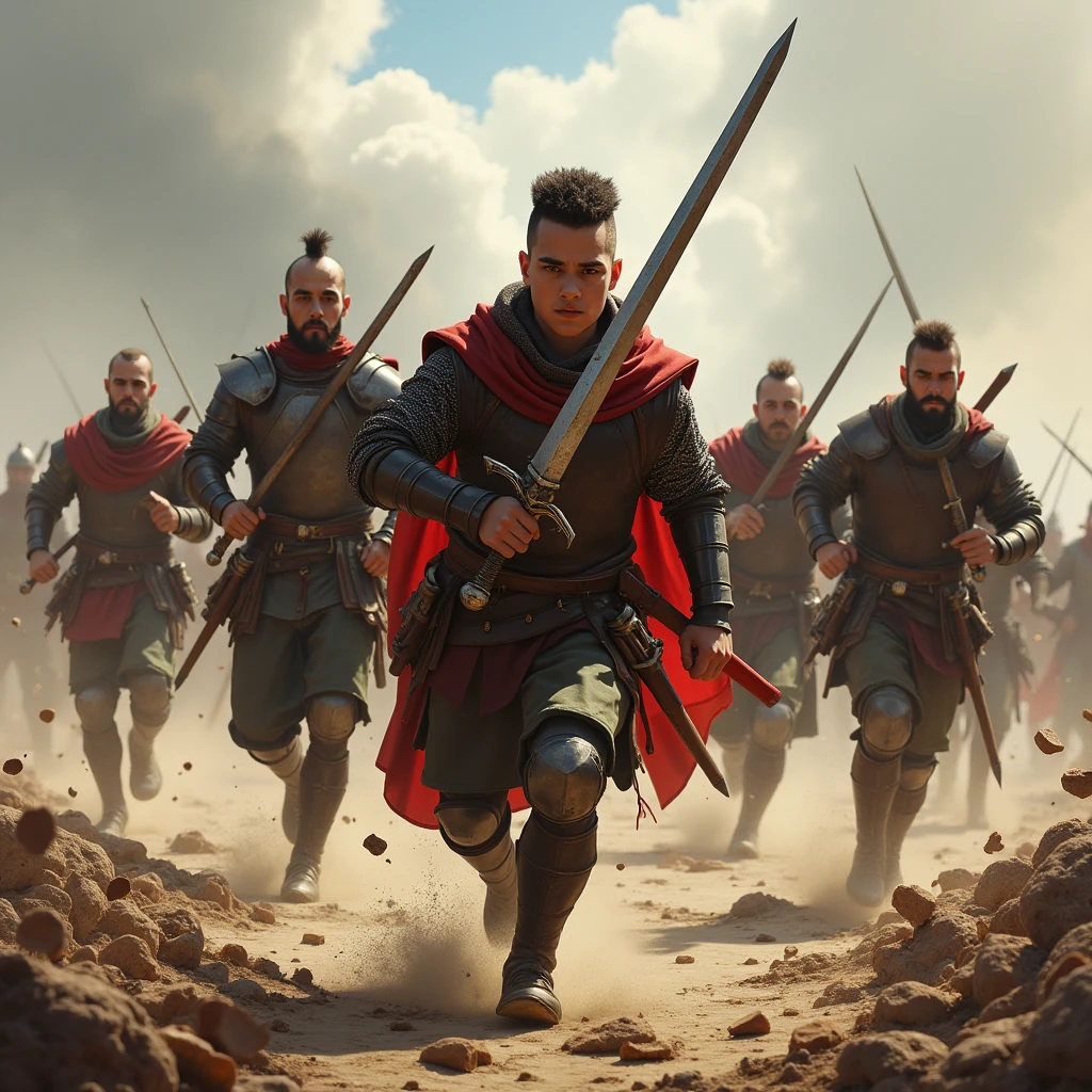 Medieval mercenary squad led by a 2 boy, He has short mohawk-style hair with shaved sides., Spanish nationality, He is raising a sword, He is right-handed, realistic image, There is movement, They are on a battlefield,  They are running,  image sensation: epic
