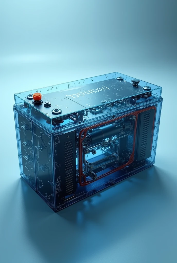Generate an imagen that represents the creation of a car´s battery, the image must have color blue, or blue tones, please, don´t create an imagen with a full of light in the bettery or in the car