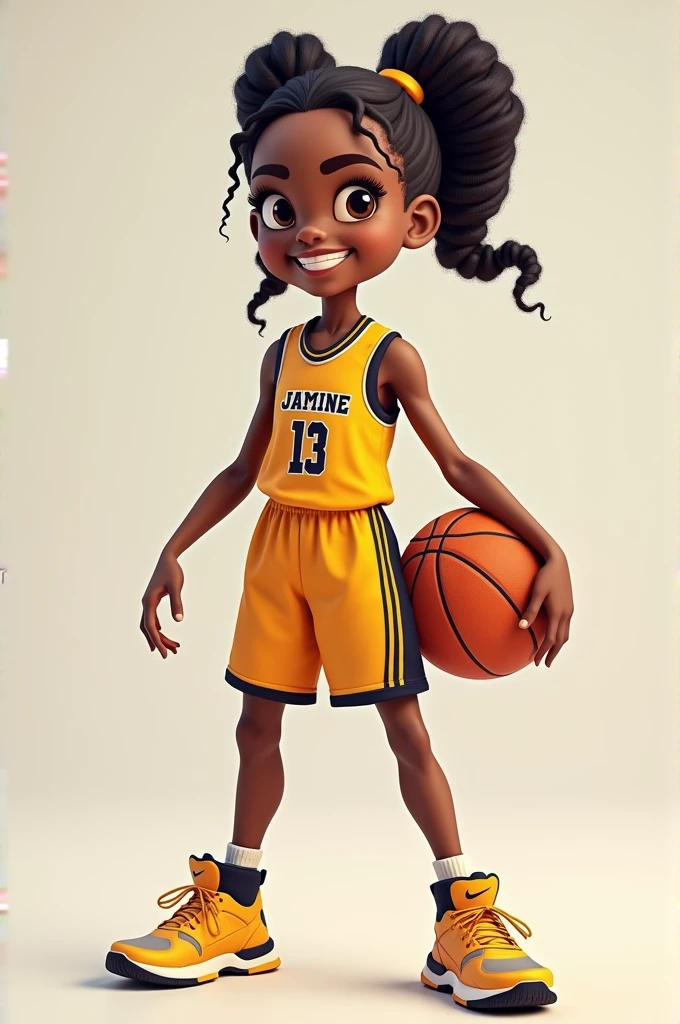 A girl with a basketball modeling the name of the girl who goes on the ball, her name is Jasmine, the same name as Jasmine, which goes on the shirt and on the shorts, her name is called Jasmine.