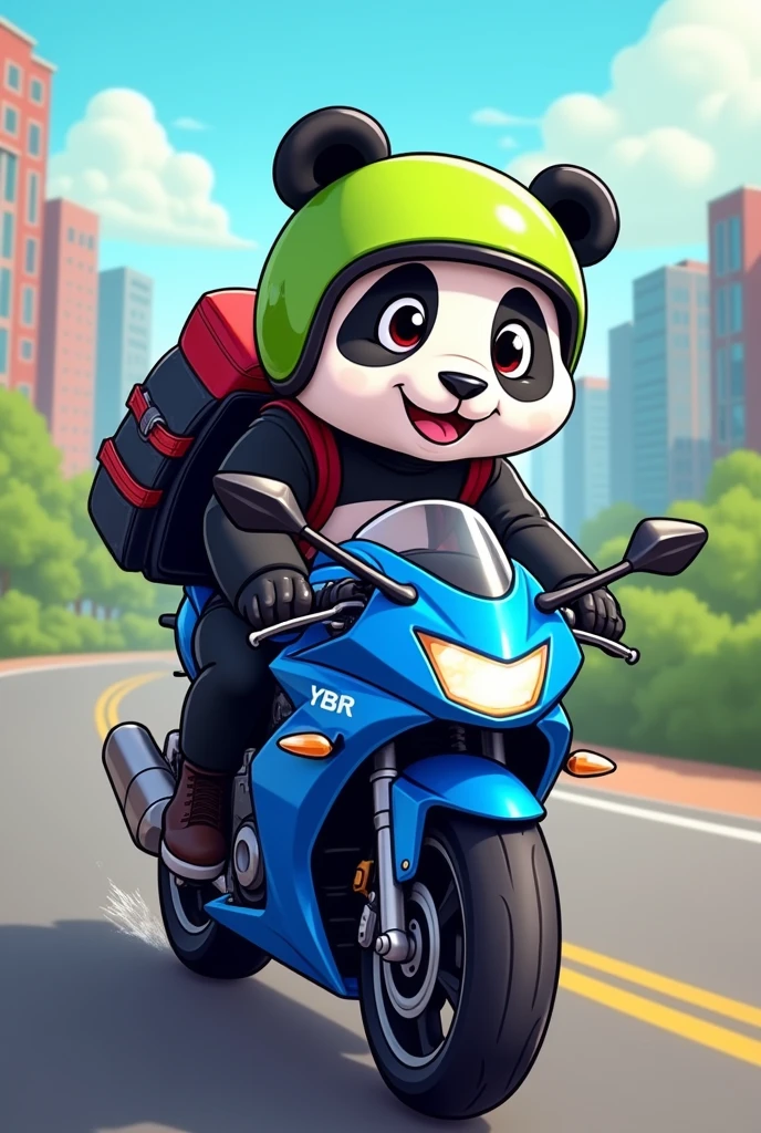 Please, generates a cute cartoonish image of a panda bear riding a blue Yamaha YBR motorcycle, not automatic. The bear must be wearing a black and red backpack and the image must be in a cheerful and colorful style.. With lime green helmet too . Looking at the screen