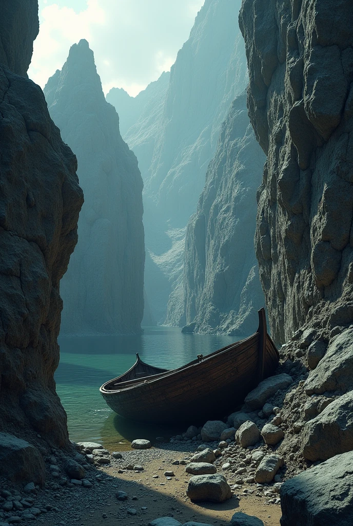 Boat hidden behind a broken mountain