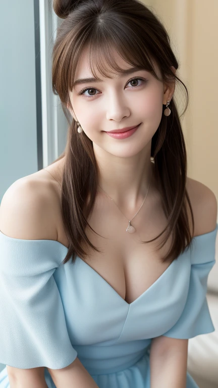 RAW Photos, Highest quality, Realistic, Very delicate and beautiful, Very detailed, 8k wallpaper, High resolution, Very detailedな目と顔, Beautiful and sophisticated nose, Beautiful Eyes, even eyes, Perfect Anatomy, periorbital puffiness, Beauty, Shapely round breasts, Straight hair, (Happy smiling face:1.3), embarrassed, Asymmetrical bangs, Dark brown hair, (Put her hair in a bun:1.3), Bob Hair, (firm and youthful breasts), (H cup breasts:1.3), Cleavage, Translucent white skin, Off-shoulder top dress, Pale blue dress, Mini skirt dress, Bright room in the hotel, Shooting from below, necklace, Earrings, Standing posture,