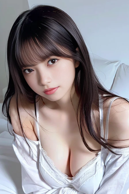 (A girl lying in bed), off-the-shoulder, Woman in white lingerie posing in bedroom, Touching her clothes, Characters are in natural poses, Surreal school girl, Attractive pose, Revealing clothing High resolution, masterpiece, High-resolution model, high quality, 最high quality, Very detailed, Textured skin, Disheveled High School Uniforms