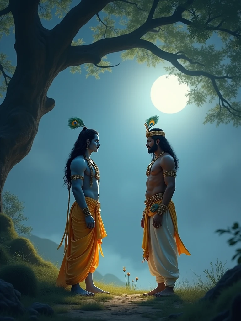 An image of Krishna, in his human form, approaching Karna who is sitting under a banyan tree. Krishna is wearing his traditional yellow dhoti and peacock-feathered crown, with a gentle smile on his face. His aura is serene and divine, radiating a soft light. Karna is standing up to face Krishna, with a mix of respect and defiance on his face. The moonlight bathes both figures, creating a mystical atmosphere.  Ratio 16:9