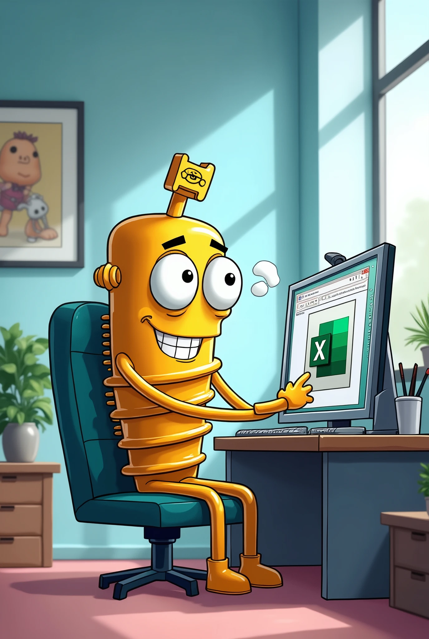 a cartoon style screw plug, with eyes, gura, arms, using the computer in the excel program