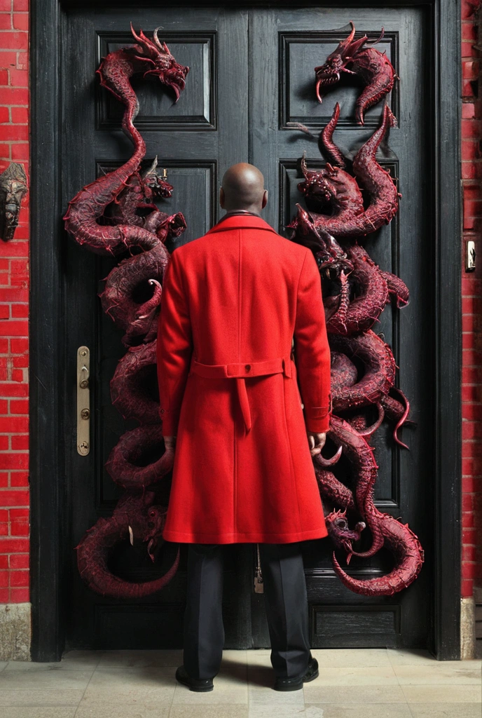 city,many,A horde of demons.,door,red,black man,coat,stand with back