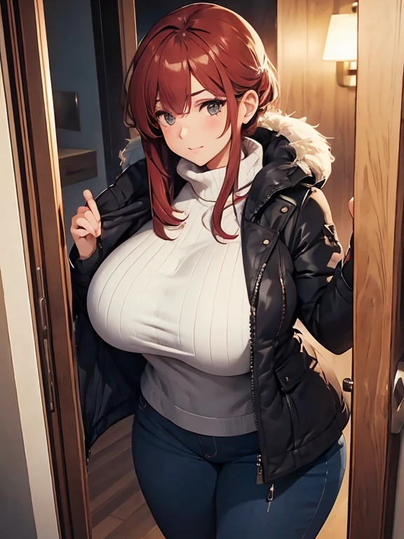 Look out through the door., dinner, winter, A woman with a voluptuous body waits outside., large, she is wearing a open winter coat, tight pants, She can't decide whether to go or not..., depth of field, Shot from behind