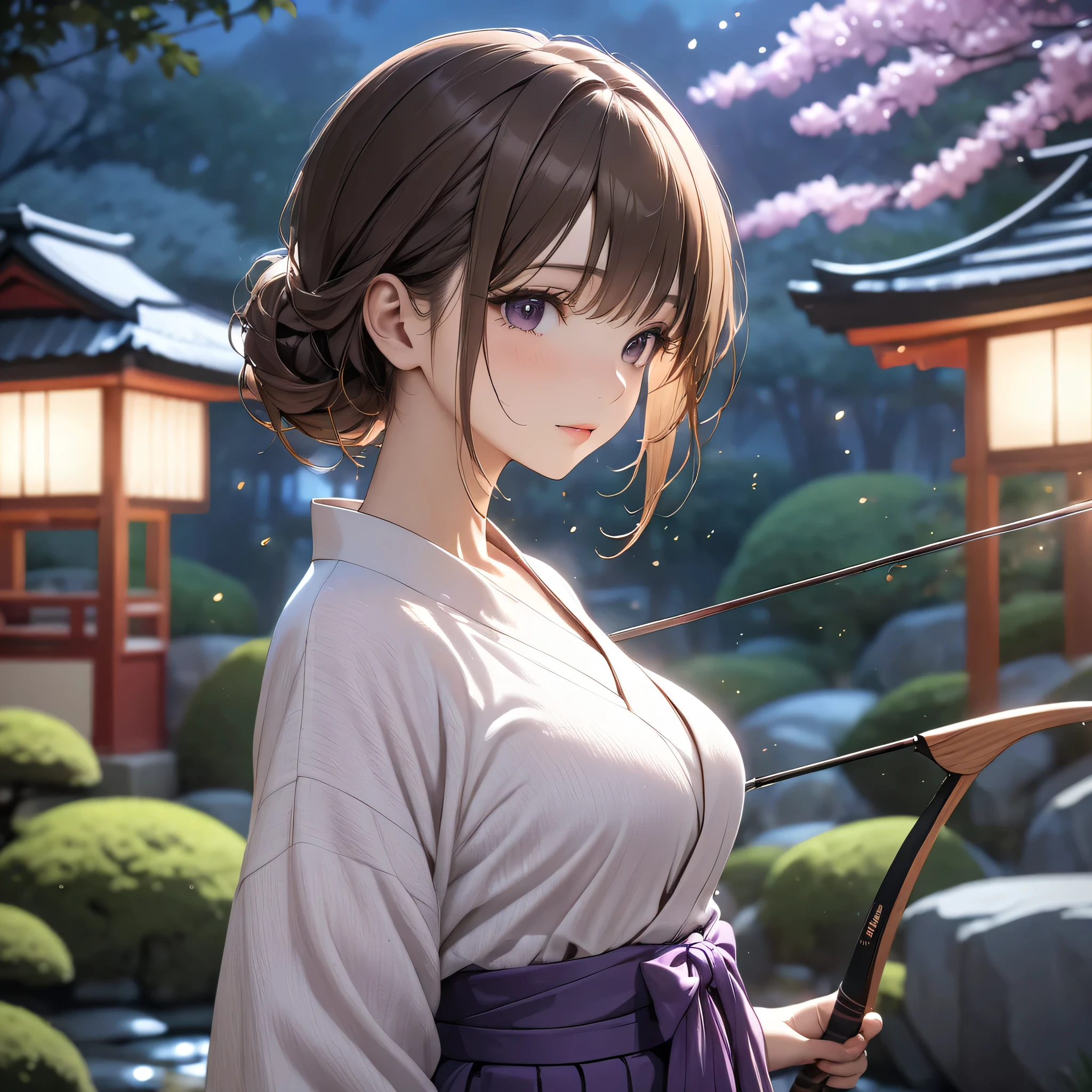  High resolution, masterpiece, 最high quality, Very detailed, high quality, Textured skin,  Brown Hair, Natural look, Japanese garden,night,Cinema Lighting, Purple Hakama,chest, born,Professional photography,Cinema Lighting, 丸いchest,Holding a bow,Sparkle Effect, Background blur, sexy,