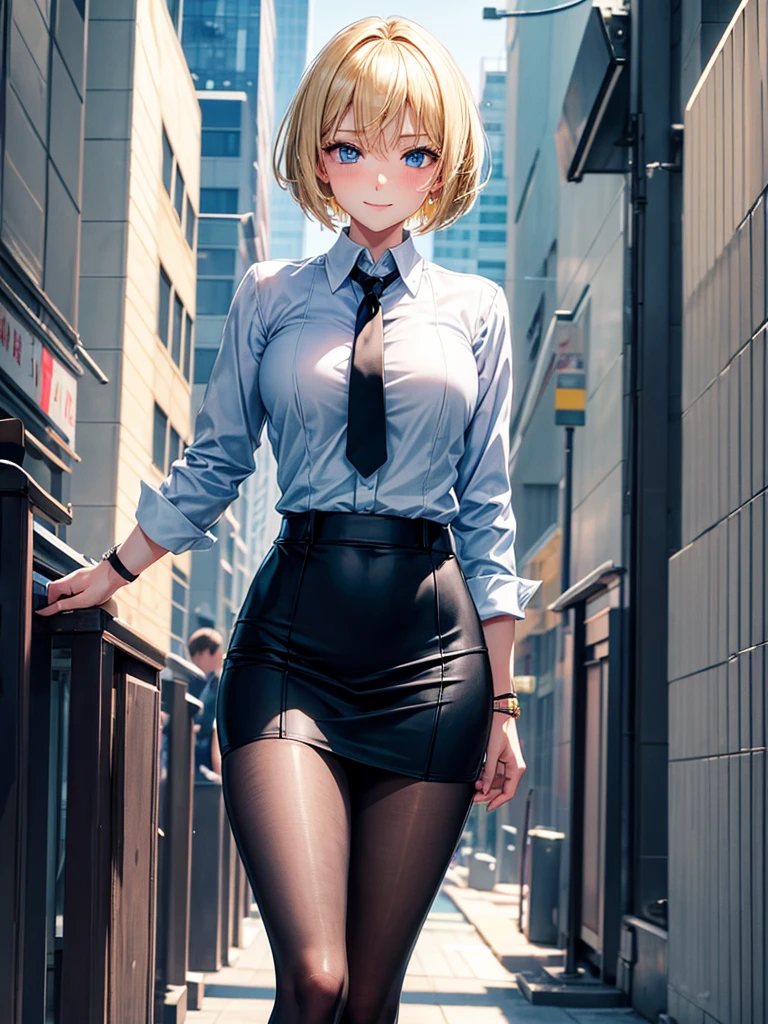 Anime style, super fine illustration, highly detailed, beautiful detailed, perfect detailed, super high quality image, static representation, gentle expression, happy expression, the pretty image, super stylish, 8k, pretty 1girl with blonde straight short hair & blue eyes & a bright smile & full bust & soft fair skin is a career woman supervisor who is not to show her skin wearing big light blue business shirt & black summer tailored jacket & black tight skirt & black pantyhose on the urban business buildings street, in the morning, solo, perfect fingers, no more fingers, no less fingers, perfect arms, no more arms, perfect legs, no more legs, no more hair, masterpiece.