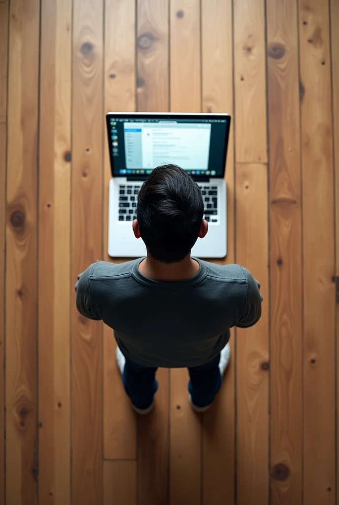 A laptop with the files open
. He stands on the wooden floor and only he can be seen 