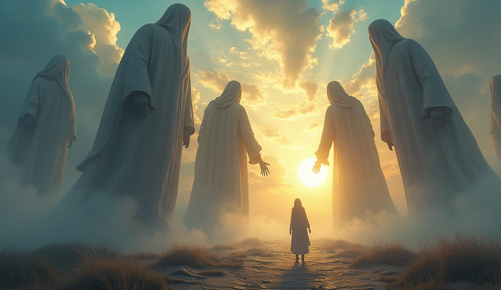 "Depict a lone figure standing through a dreamlike, otherworldly landscape, desperately reaching out to grasp towering, ethereal giant silhouettes. These giant creatures shimmer with hues of gold, blue, and purple, representing the cycle of time passing. The figure’s hands pass through the silhouettes as they begin to dissolve into the misty air, evoking a sense of fleeting presence. The ground is a patchwork of faded, torn pages, and the sky above shifts rapidly, bathed in swirling, otherworldly colors that create an atmosphere of urgency and longing."
, flower