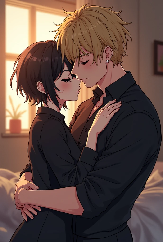 A very cute goth femboy boy with his strong blond boyfriend, they are very much in love with each other, The two spend a lot of time together and like to cuddle all the time., they are both approximately 2, the femboy boy is very much in love, Image made with anime lines