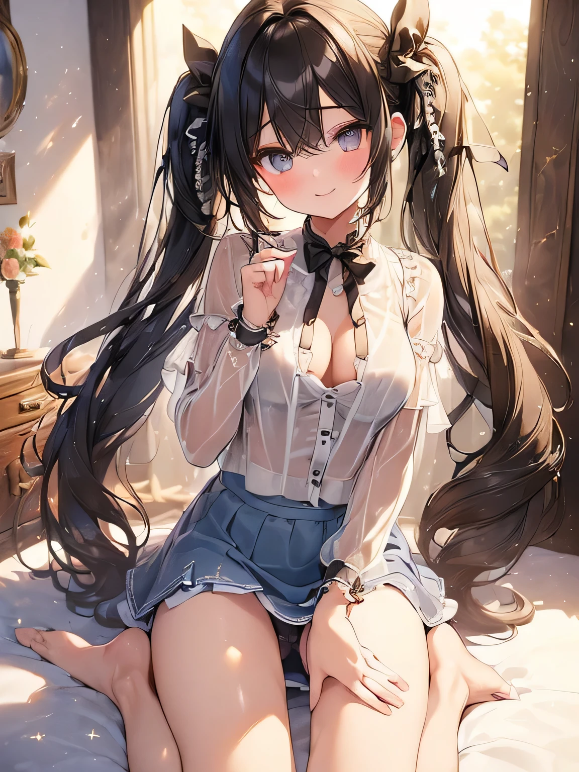 ((((Highest quality, High resolution)))), Extremely detailed 8K, Beautiful girl with slim body, (Ultra HD, Very detailed, Very detailed, Very realistic, Ultra-realistic, Photo Real), (One girl:1.5), Long Hair、Twin tails、Brown eyes, (Medium Breast: 1.2), (Beautifully detailed face, Beautiful attention to detail), (Sheer blouse:1.4),(Cleavage)、(Light of the sun, sunlight),(slender:1.5),(Light clothing:1.6),(Open chest)、(Idol face:1.7),(Beautiful eyes)、(Beautiful face)、(Toned body:1.5),(masterpiece:1.8),Blushing、Beautiful Skin、Moist eyes、Embarrassed expression、Baby Face、smile、(Slim and beautiful legs:1.4),(mini skirt:1.4),(Panty shot:1.4),(squat)、