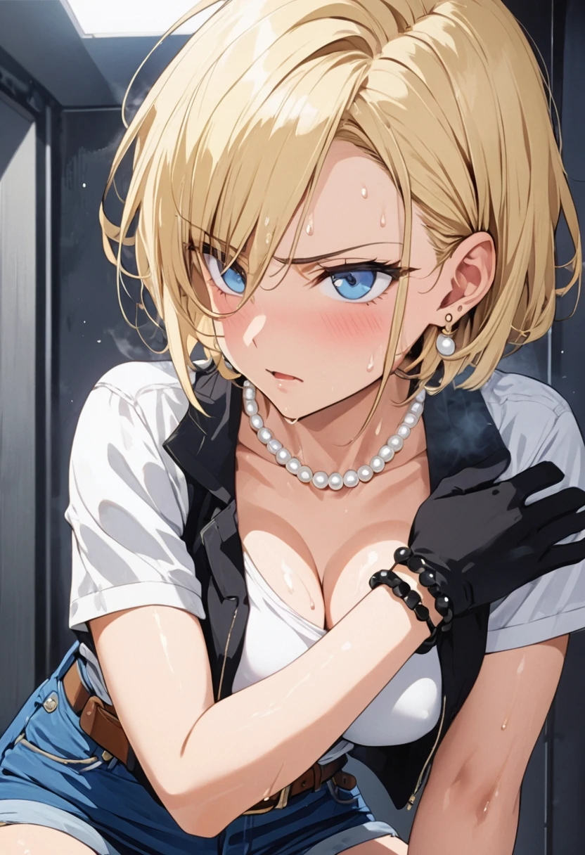 masterpiece, Highest quality, High resolution, (Artificial Human Room No. 18),1990s \(style\),(E-cup beautiful breasts)、height: 170cm,Sweating all over the body、vapor、Muscular、((sexy))、(sex),(nsfw),(M-shaped legs),Sweaty、(Breasts spilling out of clothes),独奏,Anime-style painting style, blonde hair, Blue eyes, belt, jeans, pearl_necklace, bracelet, black gloves, white shirt, short hair, short sleeves, earrings, blue short pants, open vest, black vest,middle breasts,Composition focusing on the upper body,(Cool face)、Pointed eyes,A face writhing in pleasure,Female leopard pose