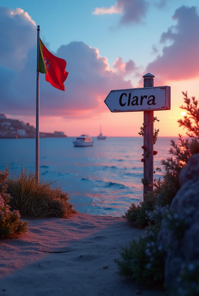 Make me a photo of the sea in Portugal with the first name Clara which appears in the decor and a sunset in shades of blue and pink also the flag of Portugal