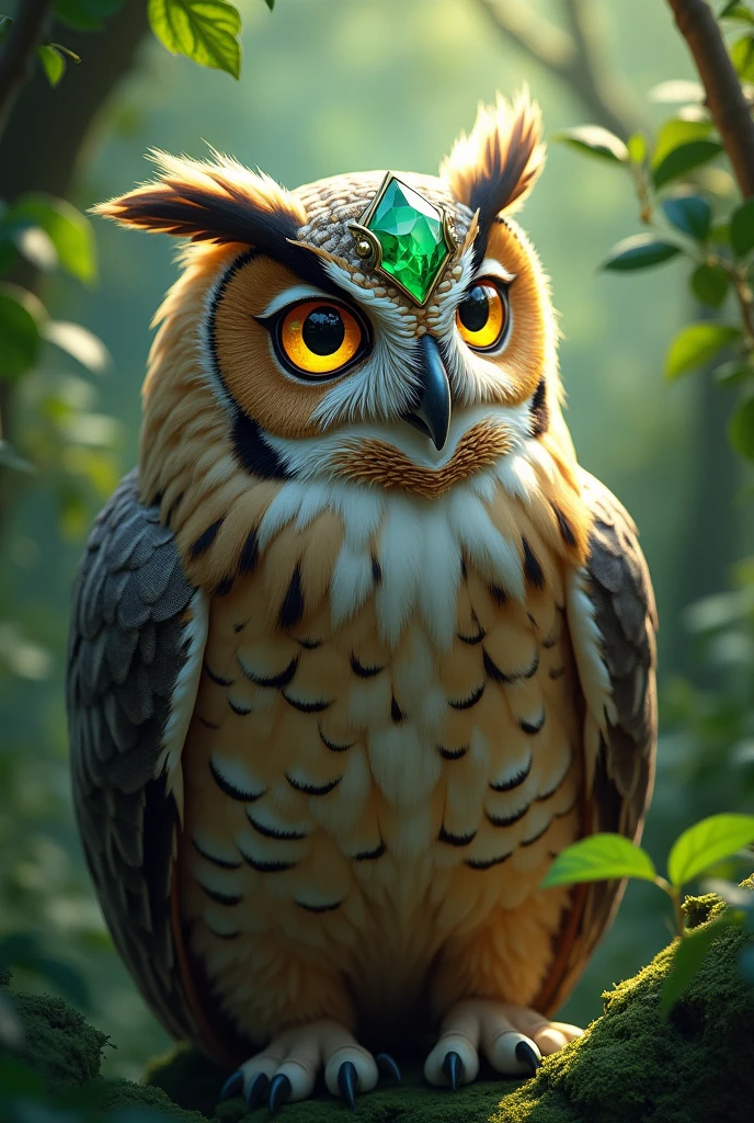 I want to create a very beautiful owl with attractive eyes and wearing a green stone.