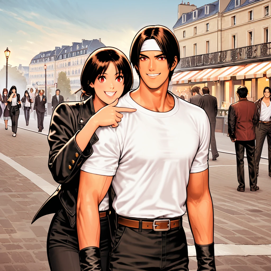 Orochikyo, two people, dark skin, red eyes, black jacket, fingerless gloves, black hair, white t-shirt, ((white headband)), black pants, white shoes, brown belt, handsome, shot, charming, masterpiece, high resolution, detailed face, fine grain, confident smile, Promenade des Anglais, Paris background Man and woman laughing, man and woman same hairstyle and clothes, peace sign.rainy sky, With lover, , Dining on terrace with lover, Drinking coffee, Men and women minding the rain,